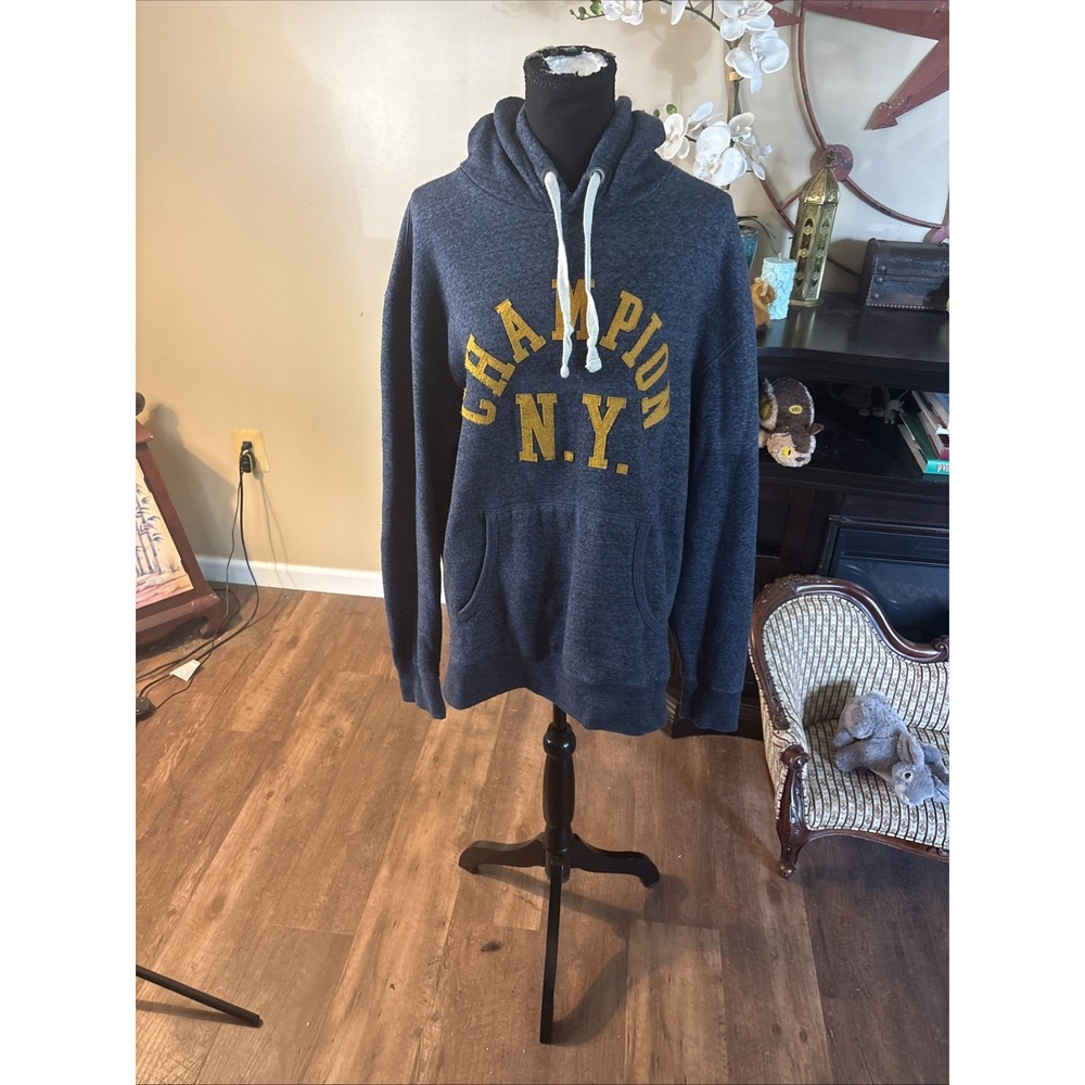 Champion Men’s Hoodie Sweatshirt NY Spell Out Logo Navy Heather Sz L